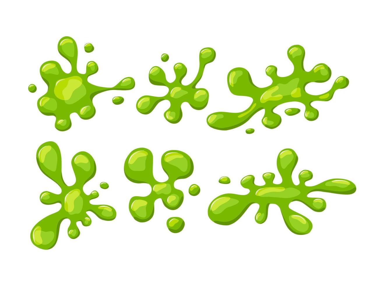 Green slime set on a white isolated background. Spots and puddles of mucus. Vector cartoon illustration.