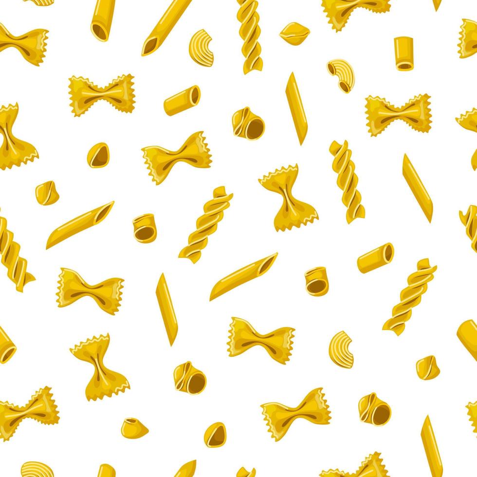 Pasta seamless pattern. Various cartoon style pasta. Decor of the Italian restaurant menu. Vector background.