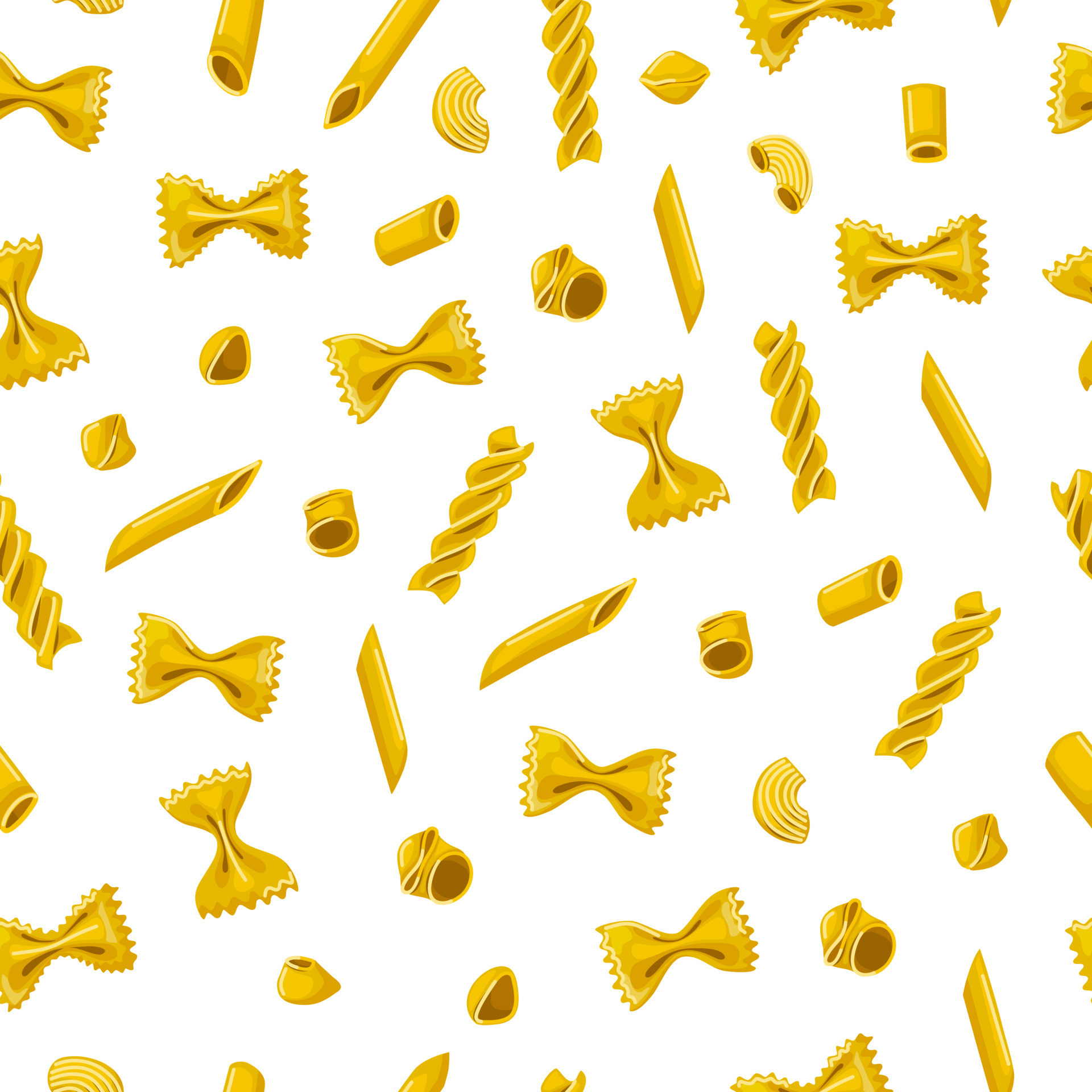 Pasta seamless pattern. Various cartoon style pasta. Decor of the