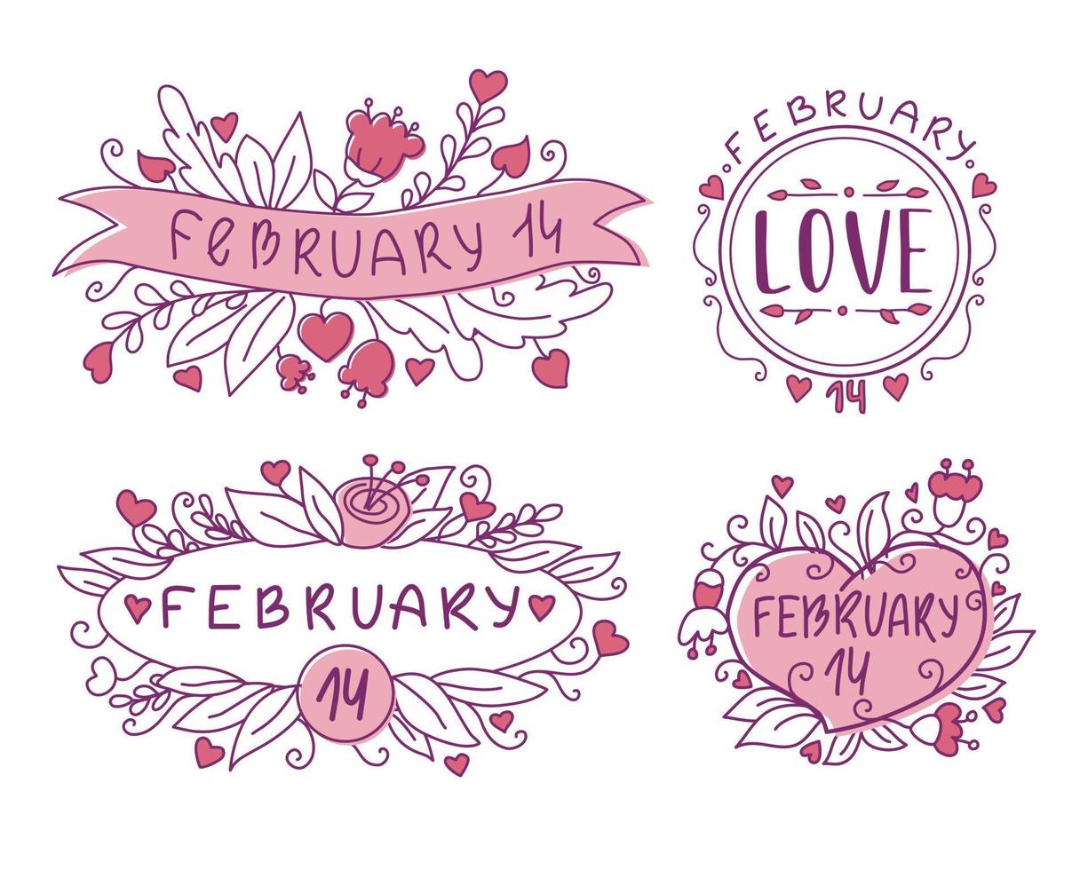 Set of hand-drawn inscriptions on February 14. Valentine's day. Vector illustration.