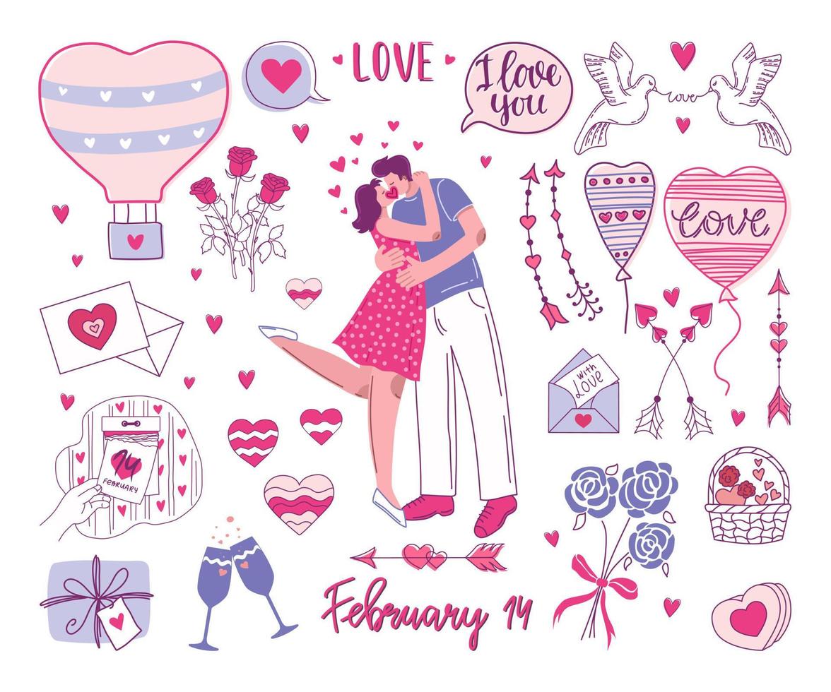 Set with elements for Valentine's day. Vector illustration.