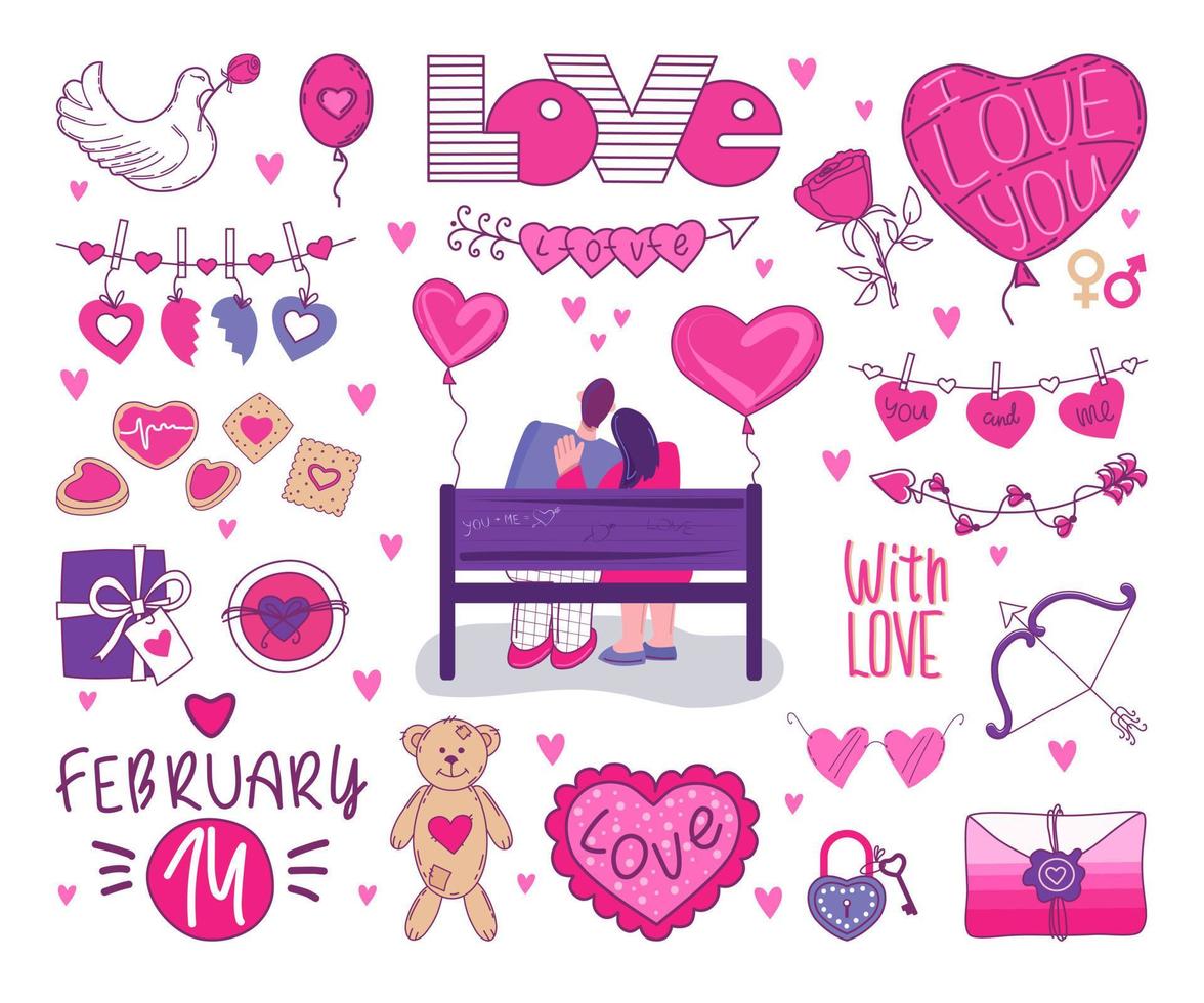 Vector set for Valentine's day. A loving couple embraces. Lettering. Isolated background.
