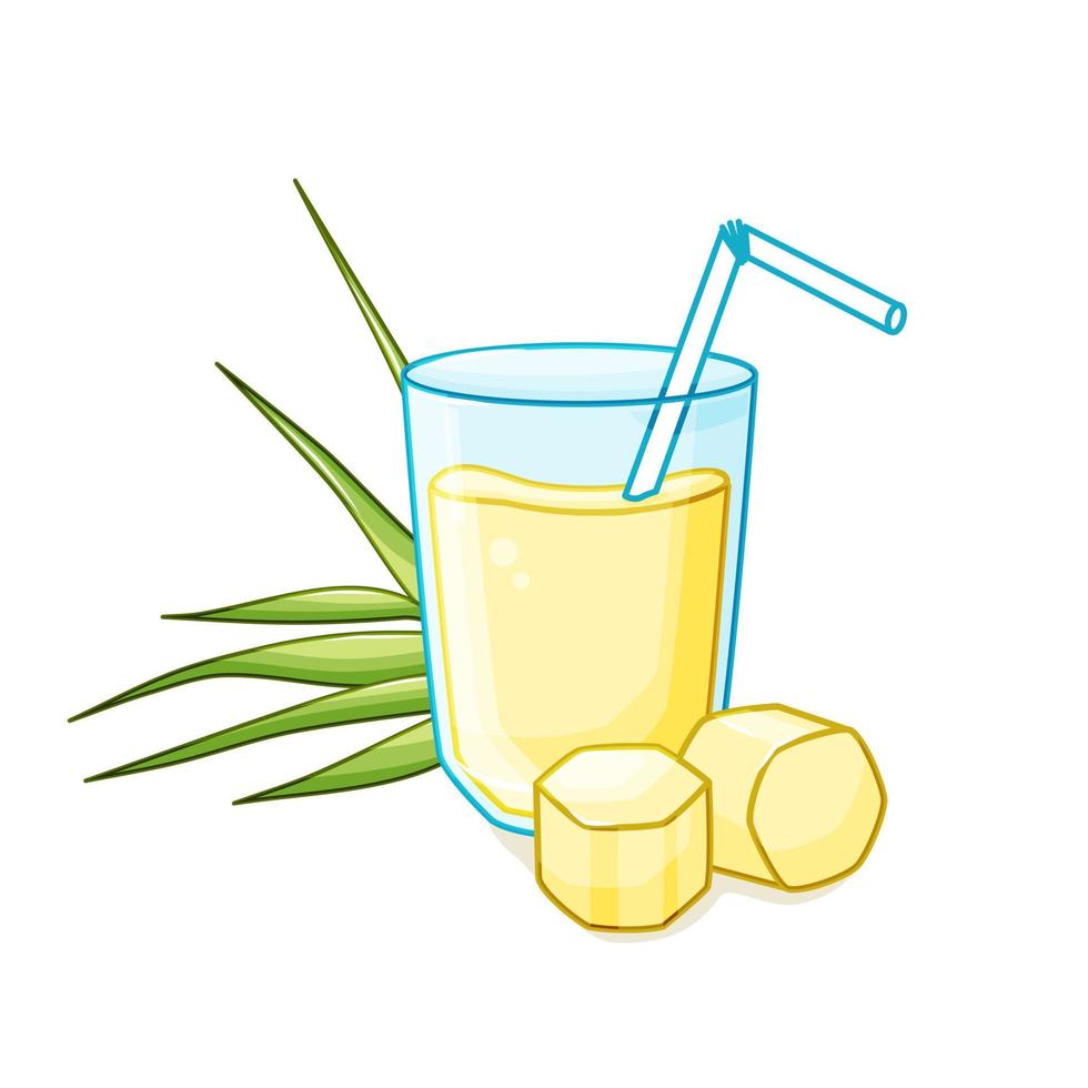 Fresh cane sugar. A glass glass with a straw. Vector cartoon illustration.