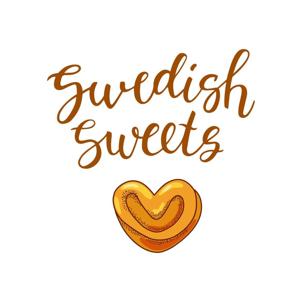 Swedish sweets background with calligraphy and bun heart. Made with love. Suitable for decorating the bakery menu. Scandinavian culture. Vector cartoon illustration