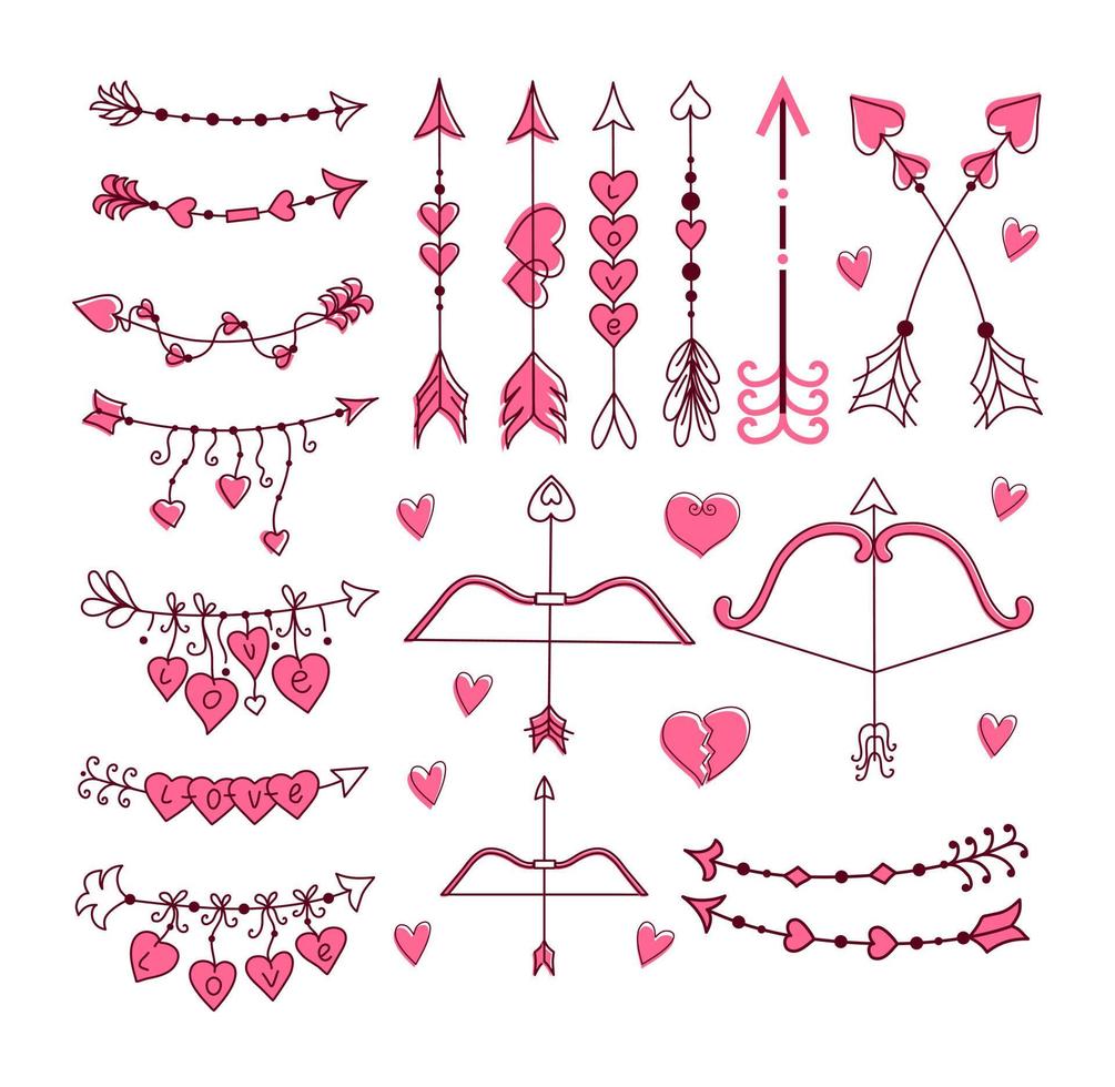 Cupid's bow and arrow set. Hand-drawn vector illustration.