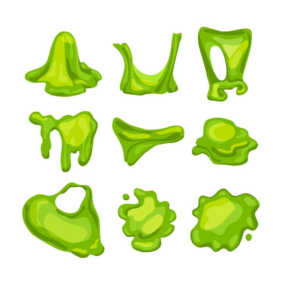 Green slime set.Crumpled, stretched, splattered slimes.  Child toy. Vector cartoon illustration of liquid.