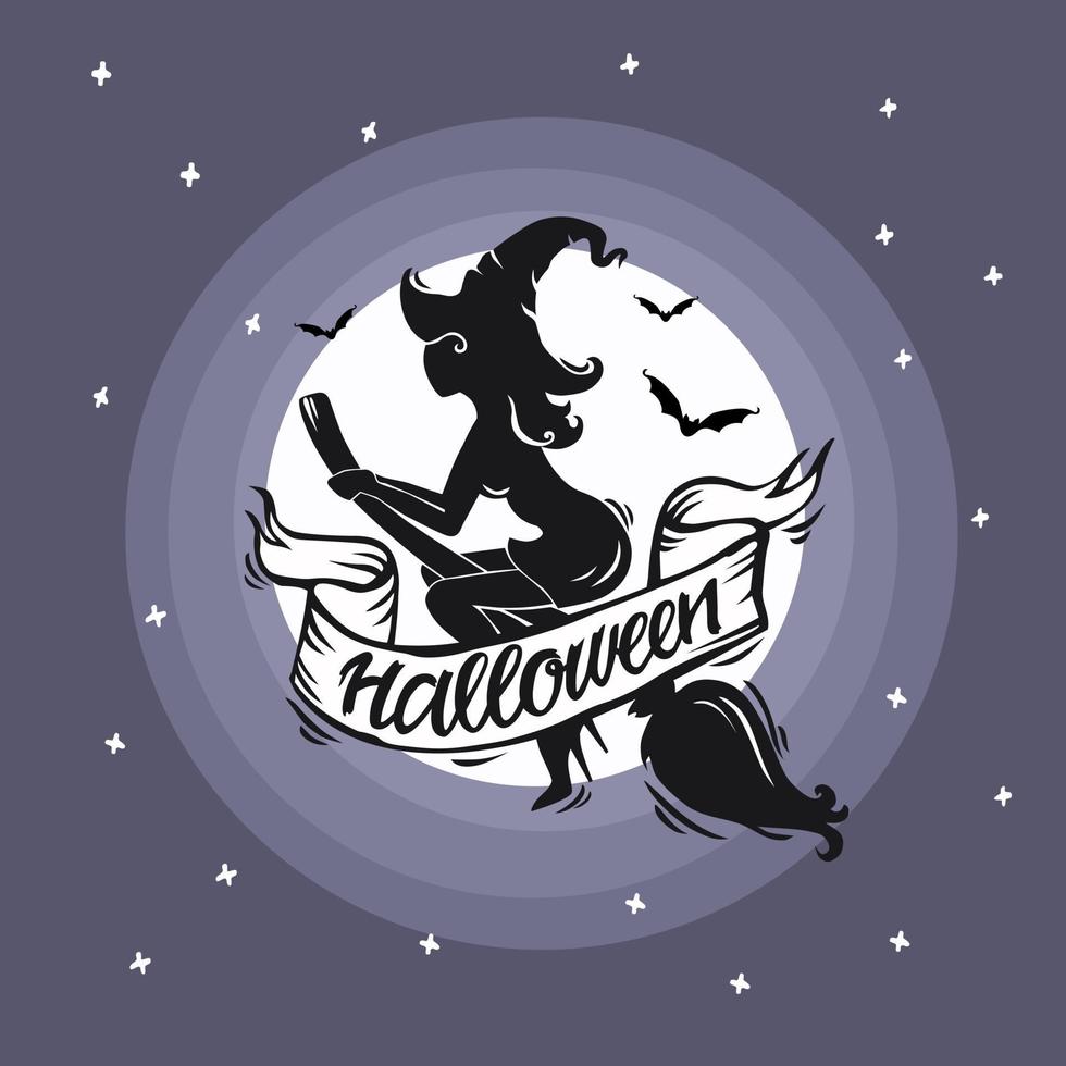 Beautiful witch is flying against the background of a full moon. Festive Halloween background. Vector illustration.