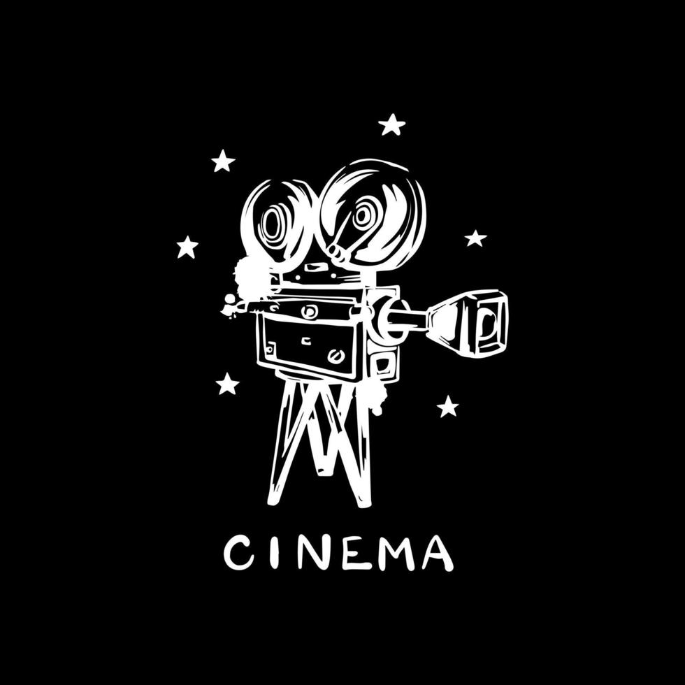 Vintage video camera. Black and white poster with the inscription Cinema. Vector hand-drawn illustration.