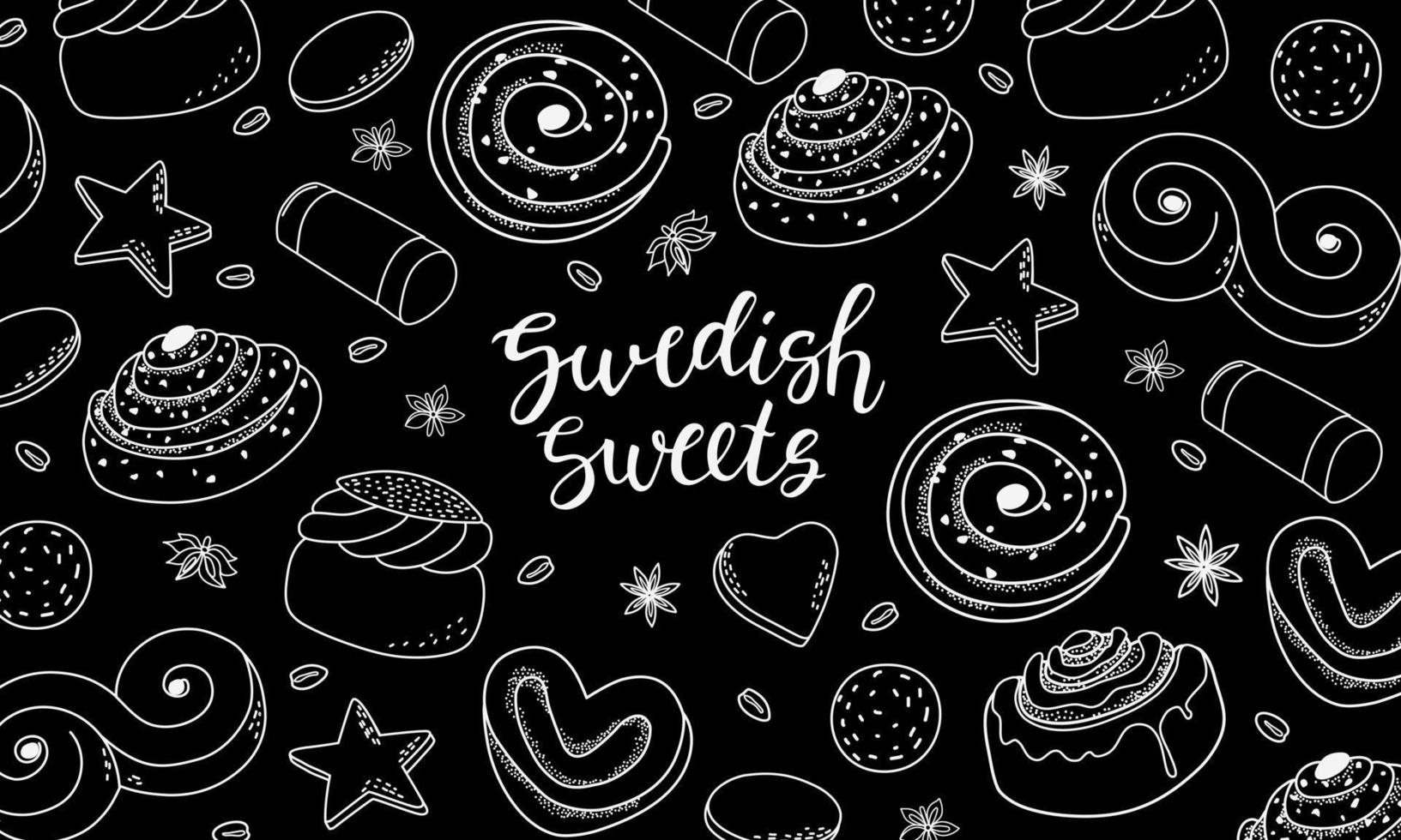 dulces suecos fondo blanco y negro con caligrafía. decoración de panadería. vector. vector