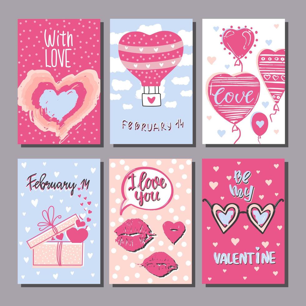 set of postcards for Valentine's Day. Hand drawn vector set. Background.