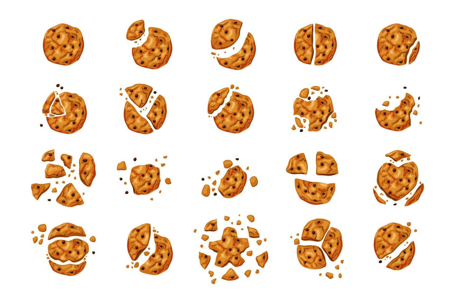 Galletas mordidas con chips de chocolate grandes sobre un fondo blanco aislado. postre recién horneado. ilustración de dibujos animados vectoriales. vector