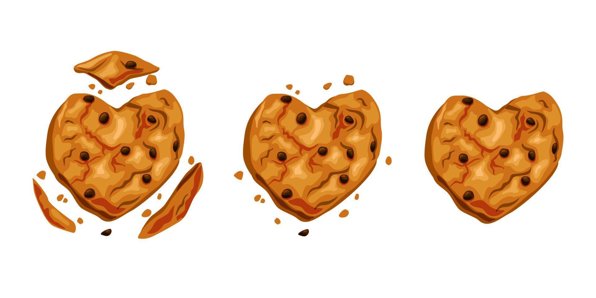 galletas rotas con chispas de chocolate. corazón de galleta animación de horneado fresco. ilustración de dibujos animados vectoriales. vector