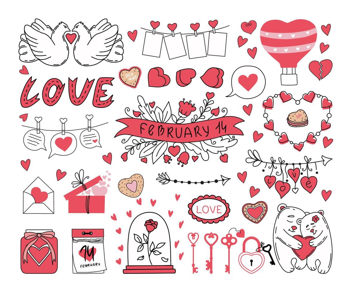 Valentine's day set of elements on a white background. Vector illustration.