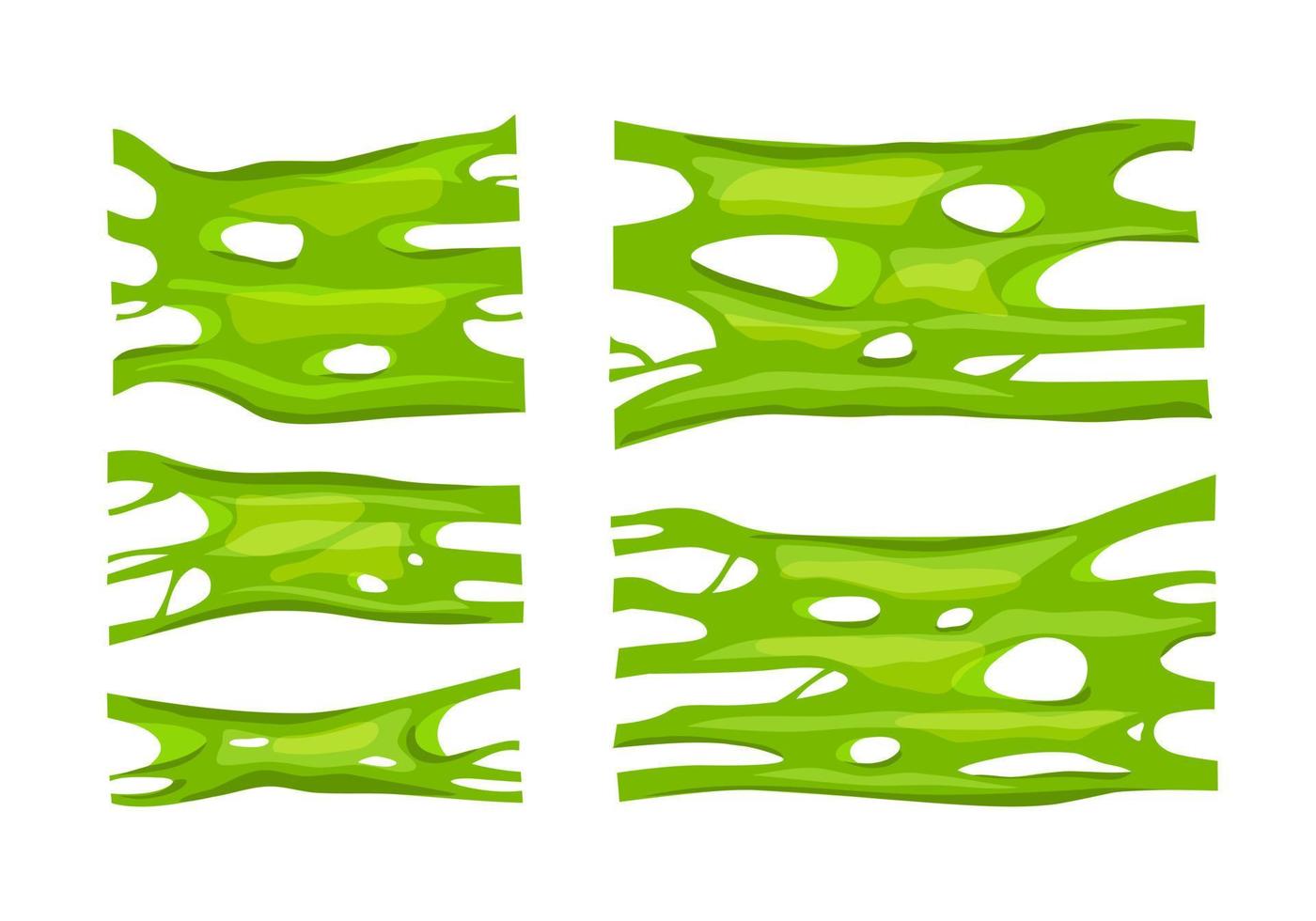Green slime stretch set on white isolated background. Thick mucous jelly-like substance stretches in a sticky mass. Vector cartoon illustration.