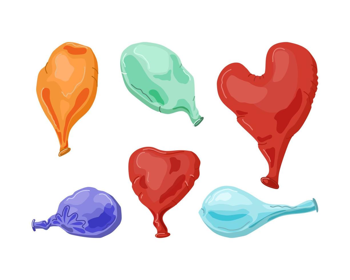 Various deflated balloons. Vector cartoon illustration.Bright inflatable balloons of various shapes and colors. Festive decorative elements, Set on a white isolated background