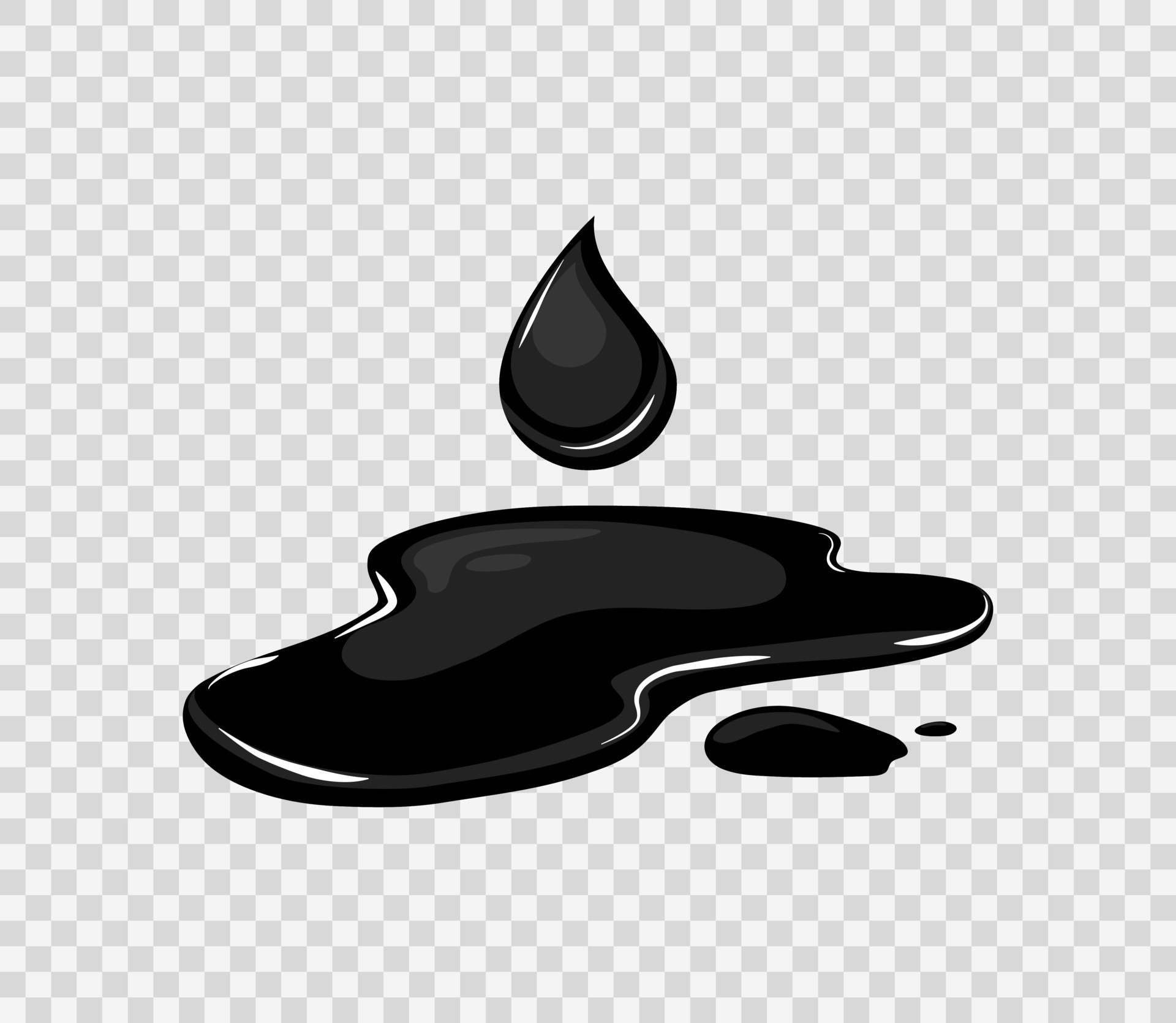 Oil puddle. Spill of black liquid with a drop. Vector cartoon