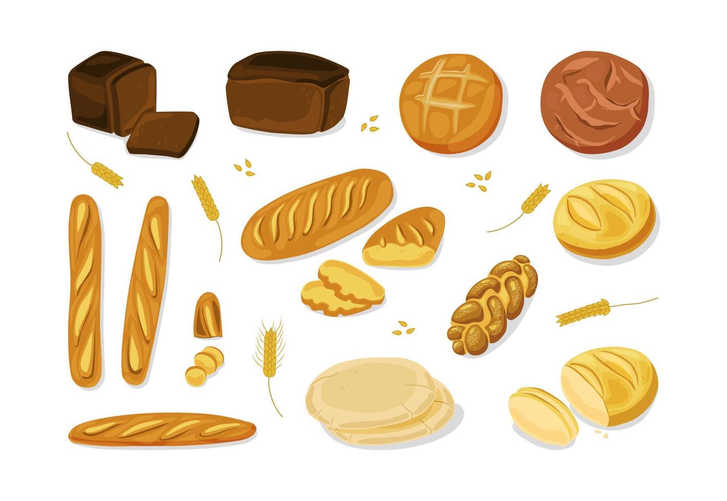 Bread. Various bakery products. Baguette,challah , pita.Vector cartoon icon set. Vector illustration.