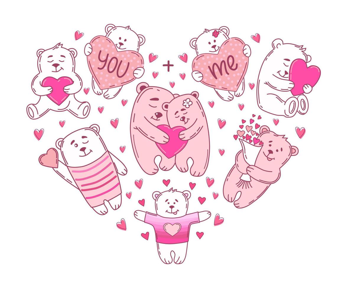 Love bears with hearts set. Valentine's Day, wedding, romance. Vector illustration.