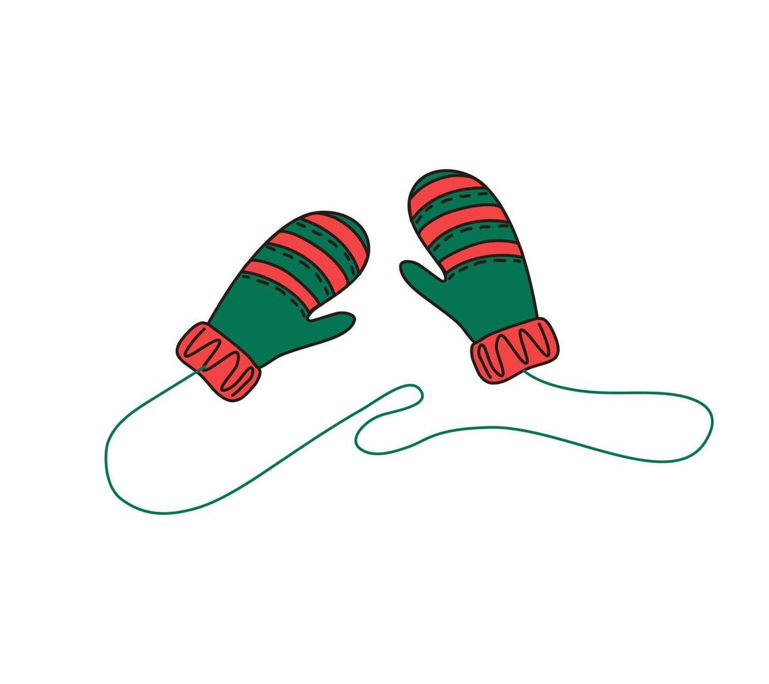 Pair of mittens on a rope. Winter clothing. Christmas. Hand-drawn vector illustration.