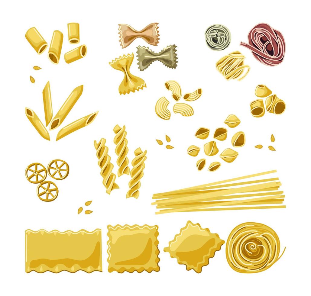 Pasta set. Handmade pasta of various shapes. Italian home cooking. Decor of the restaurant menu. Vector cartoon illustration.