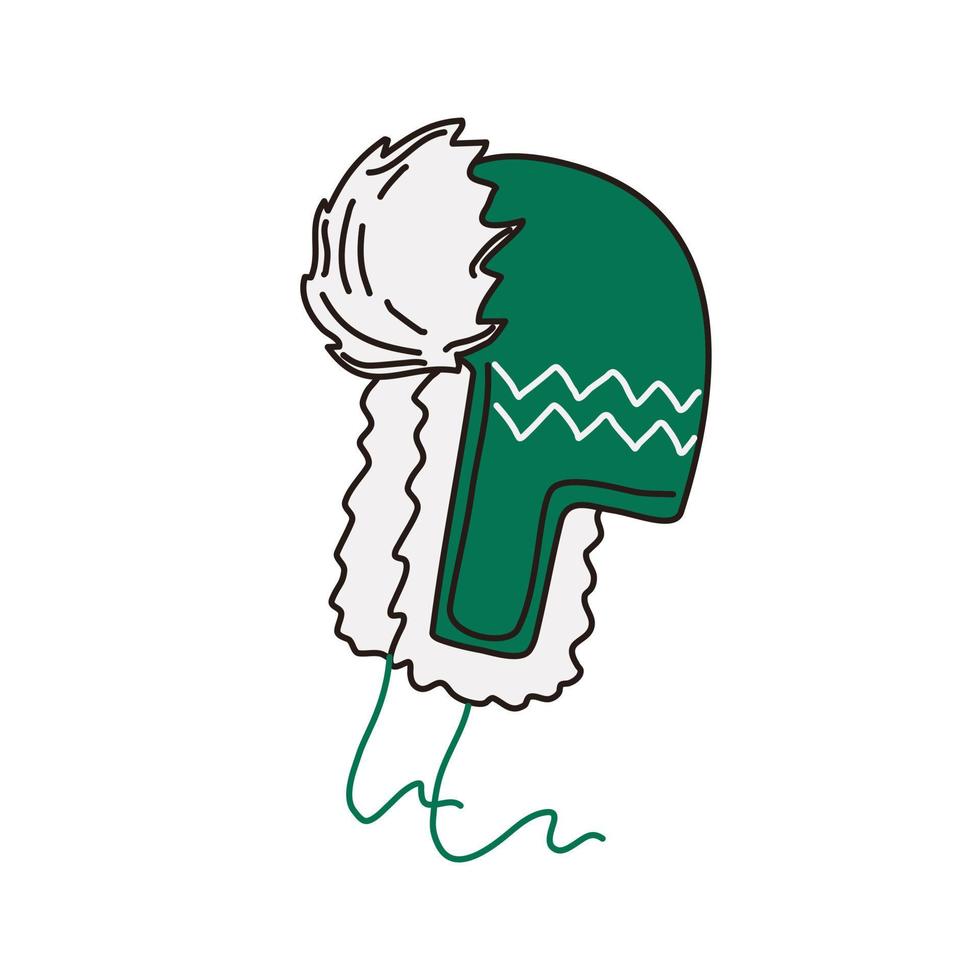 Winter hat with fur. Doodle style. Children green clothing. Vector hand-drawn illustration.