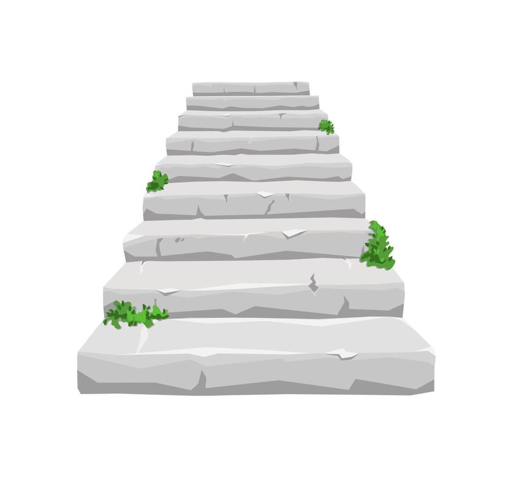 Old stone staircase with sprouted greenery on a white isolated background. For the house and the old castle. Vector illustration of a cartoon