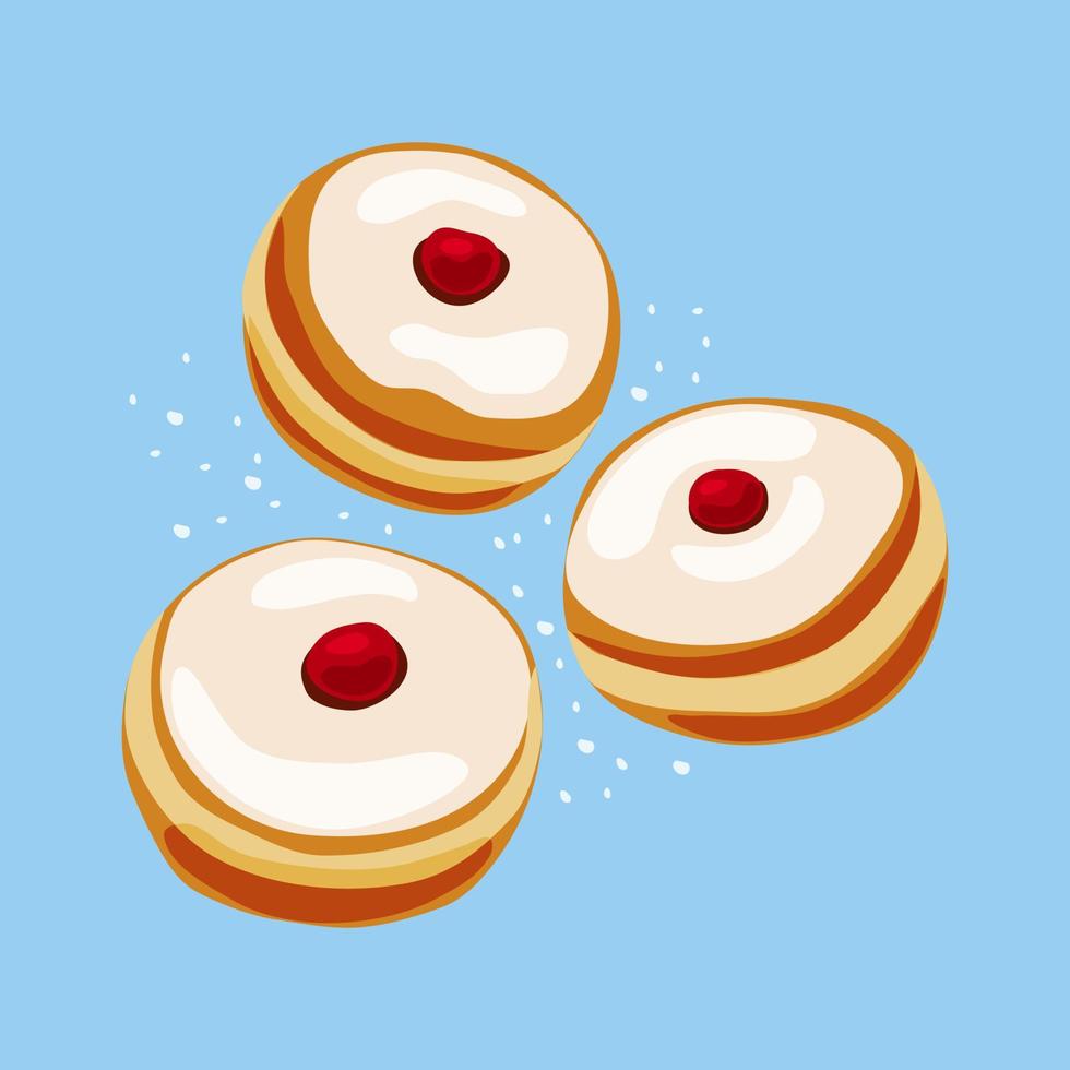 Sweet donuts  set for Happy Jewish Holiday Hanukkah. Sufganiyot jelly doughnuts. Vector cartoon illustration of food. Isolated background