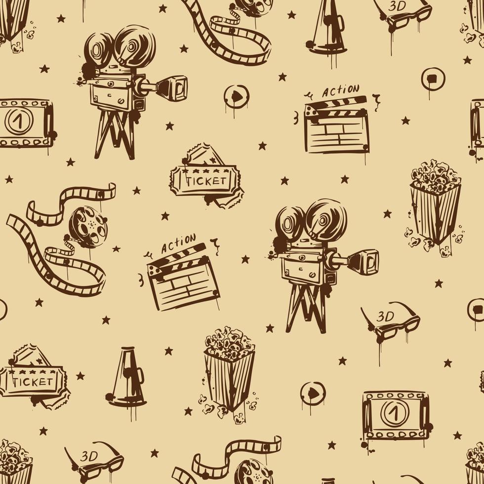 Cinema. Vintage background with video camera, popcorn, tickets, video tape. Vector hand-drawn background.