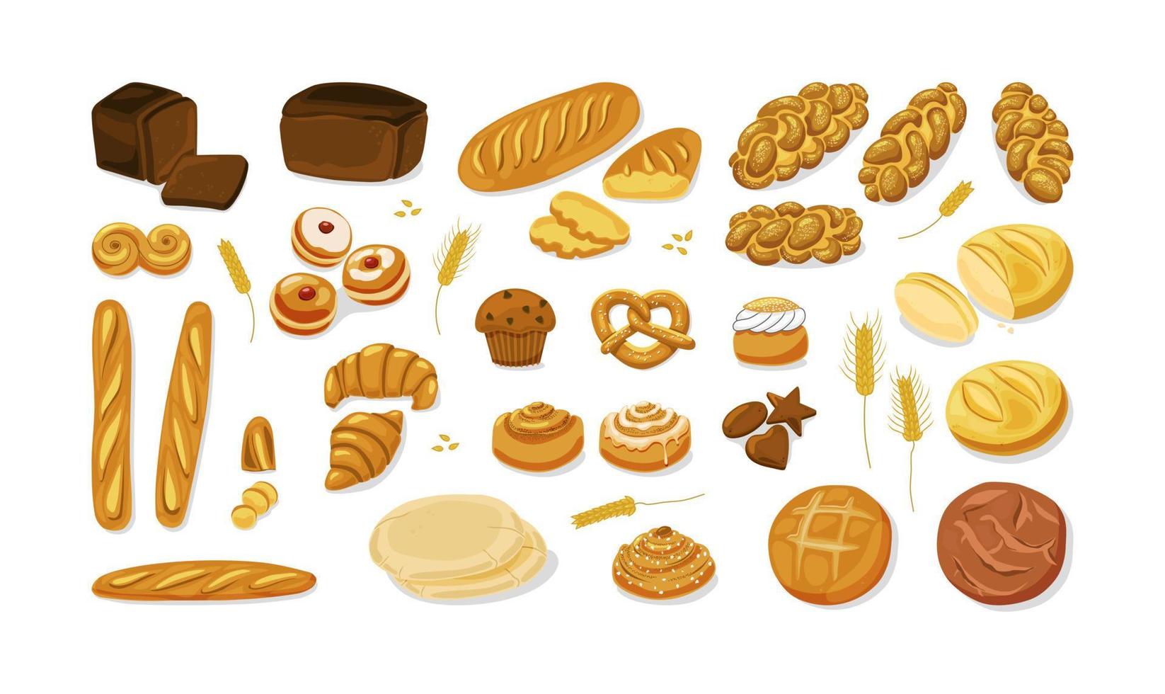 Bread. Various bakery pastry products - rye, wheat and whole grain bread, french baguette, croissant, bagel, roll, toast bread slices, donut, bun,kanelbulle, chalah. Vector cartoon icon set.