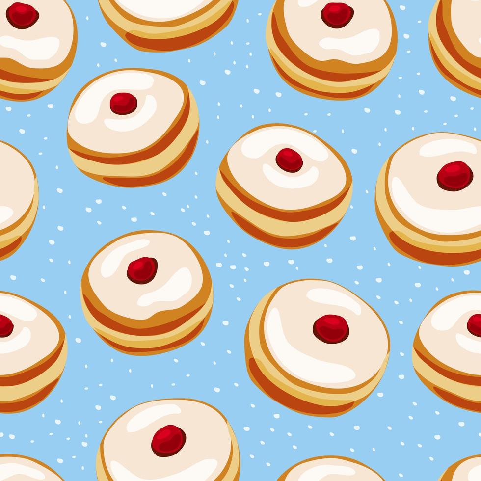 Chanukah donut seamless pattern.Sufganiyot. Jewish traditional dessert on the holiday of Hanukkah background. Vector cartoon.