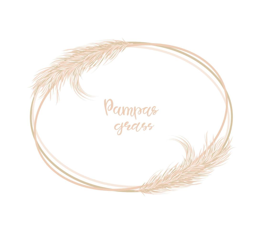 Dry Pampas grass. Soft  oval frame for wedding invitations or postcards. Vector hand drawn illustration on a white isolated background.