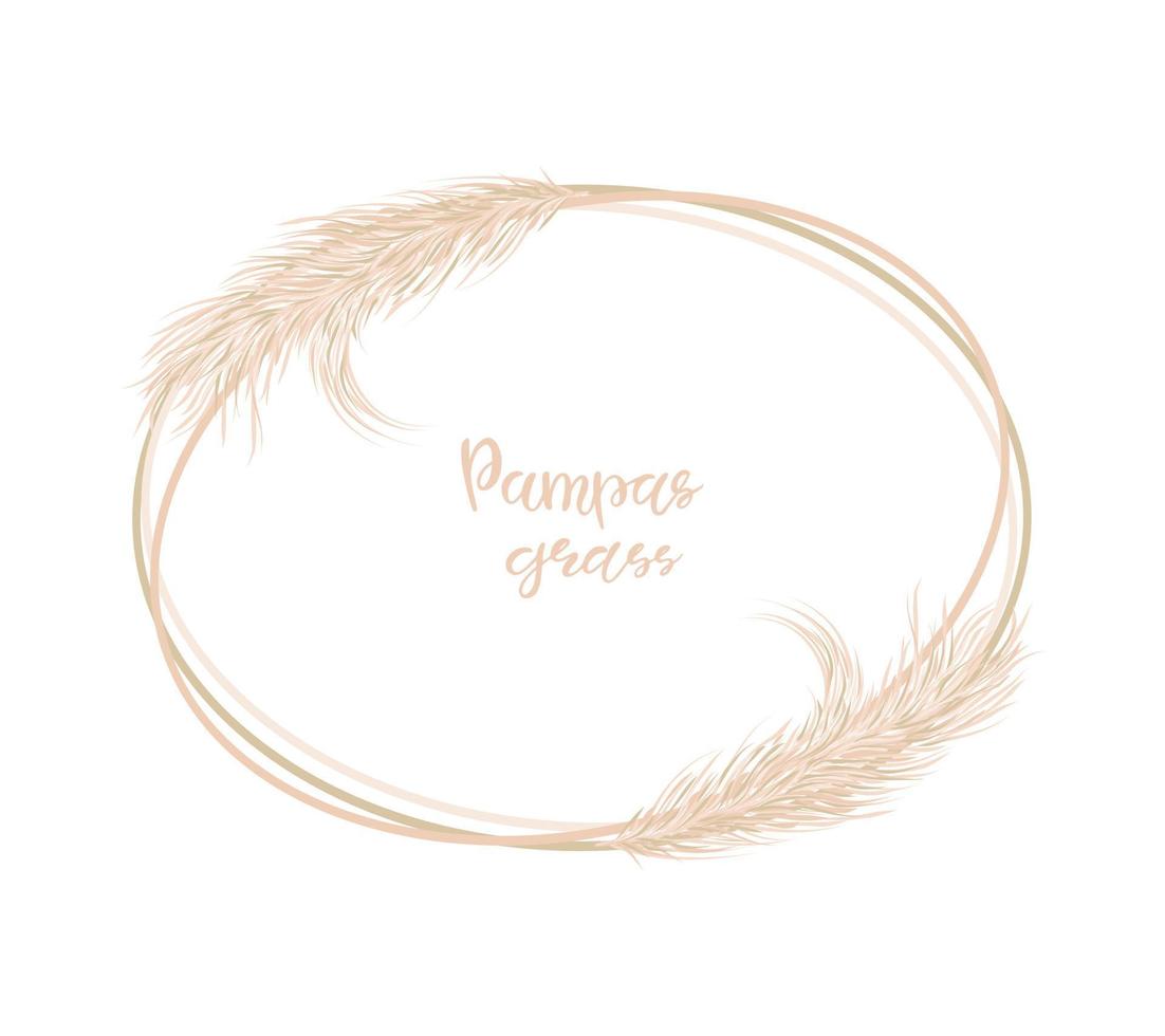 Dry Pampas grass. Soft  oval frame for wedding invitations or postcards. Vector hand drawn illustration on a white isolated background.