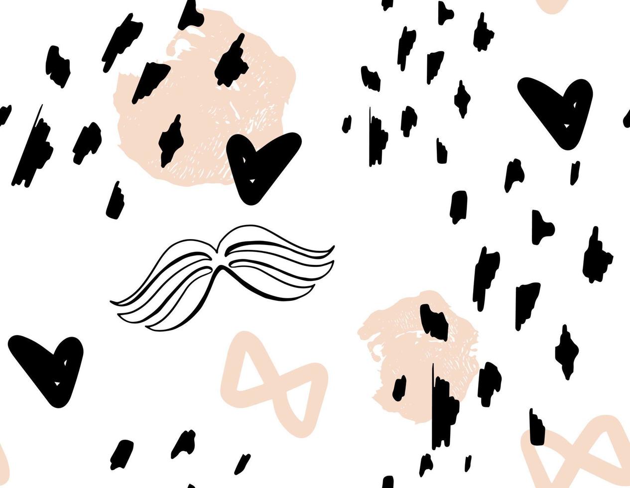 Minimalistic abstract background with hearts, spots and moustaches. Suitable for printing on paper and textiles. Fashionable vector background.