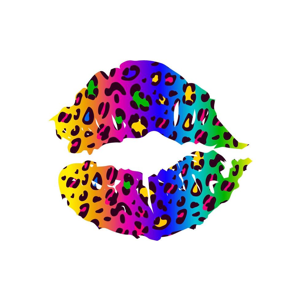 Bright leopard lips on a white background. Rainbow. Painted colored female lips. Vector hand-drawn illustration