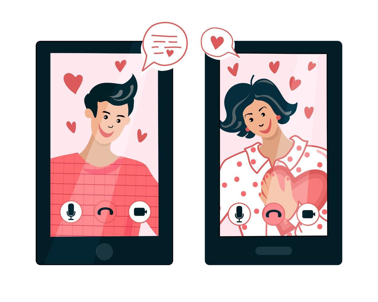 Lovers communicate via video link. Valentine's day. Vector illustration.