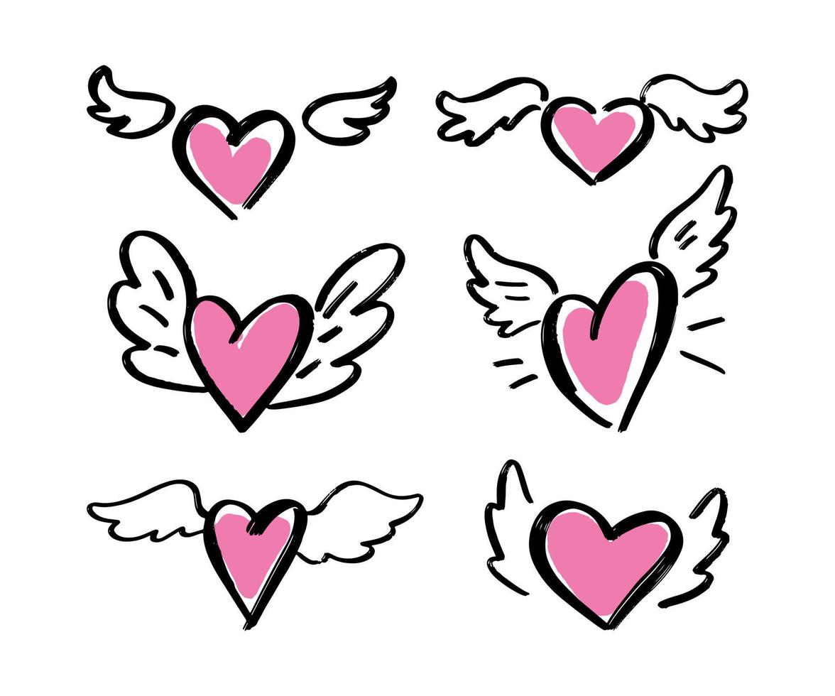 Hand drawn Hearts with wings on a white background. Set. Vector. vector