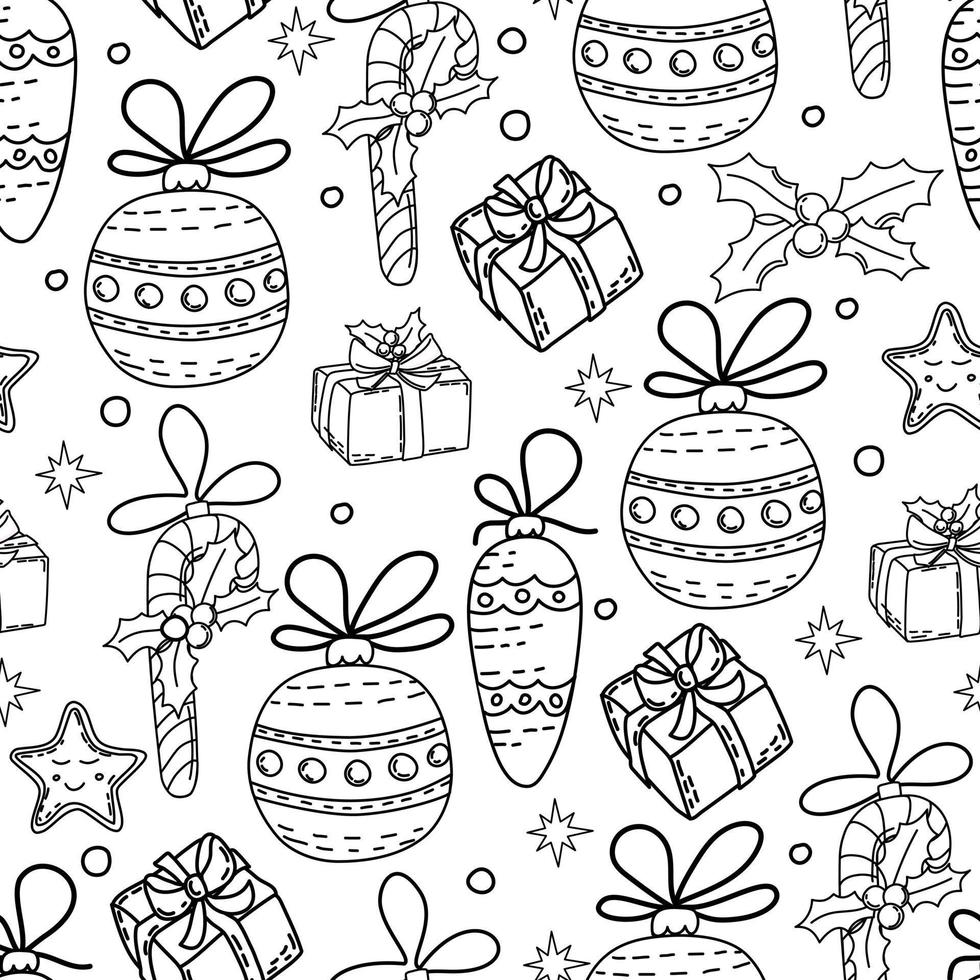 Holiday seamless pattern with Christmas tree toys and gift boxes. Coloring book for adults. Outline vector background