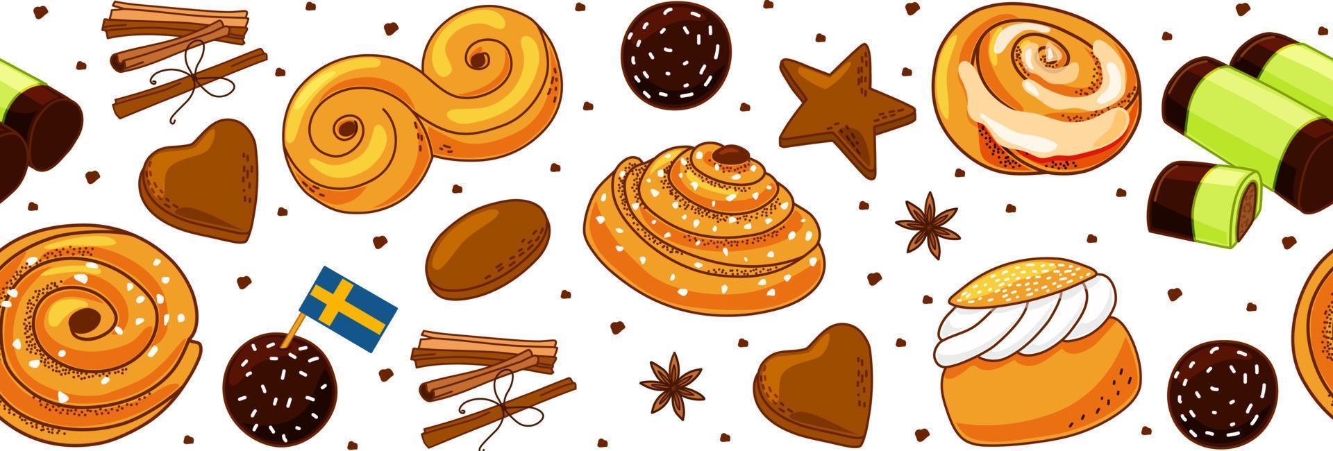 Traditional Swedish sweets seamless border. Kanelbulle bun, cinnamon roll, Pepparkakor, Semla, lussekatt, dammsugare, and chokladboll. Vector cartoon illustration