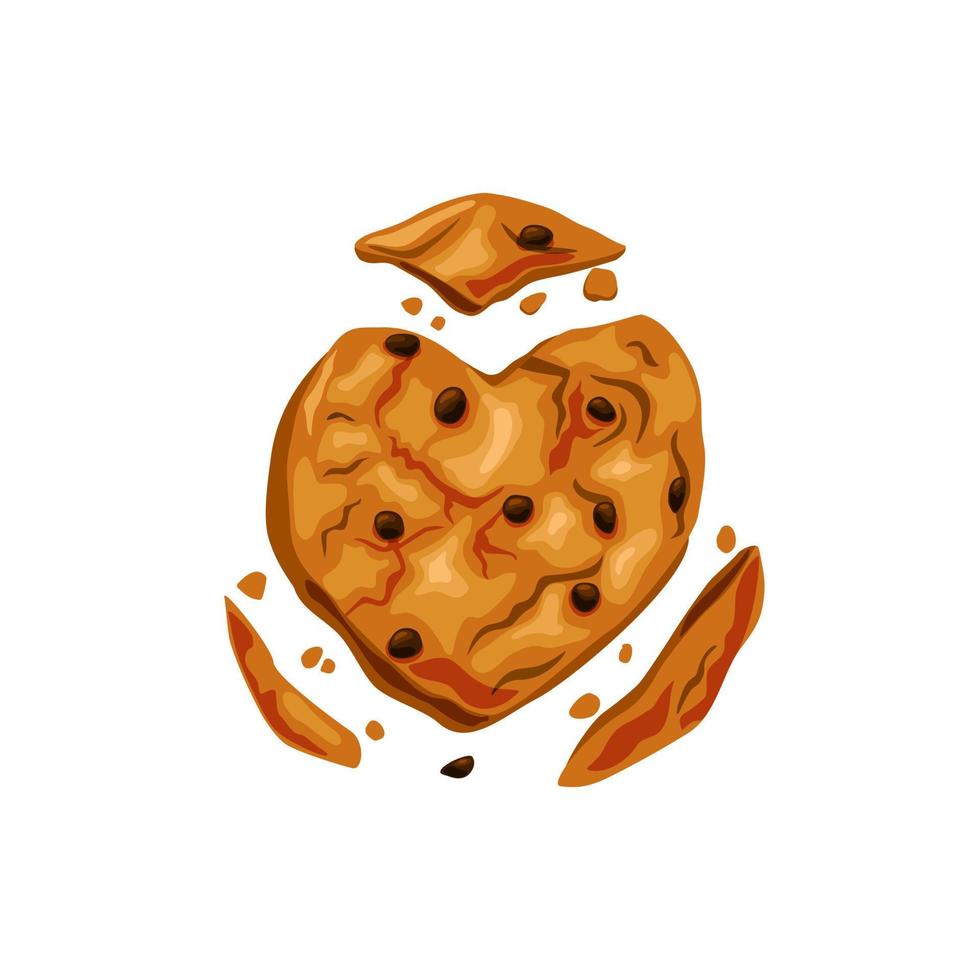 Bitten cookies with chocolate chips. Broken cookie in the shape of a heart. Made with love Vector cartoon illustration