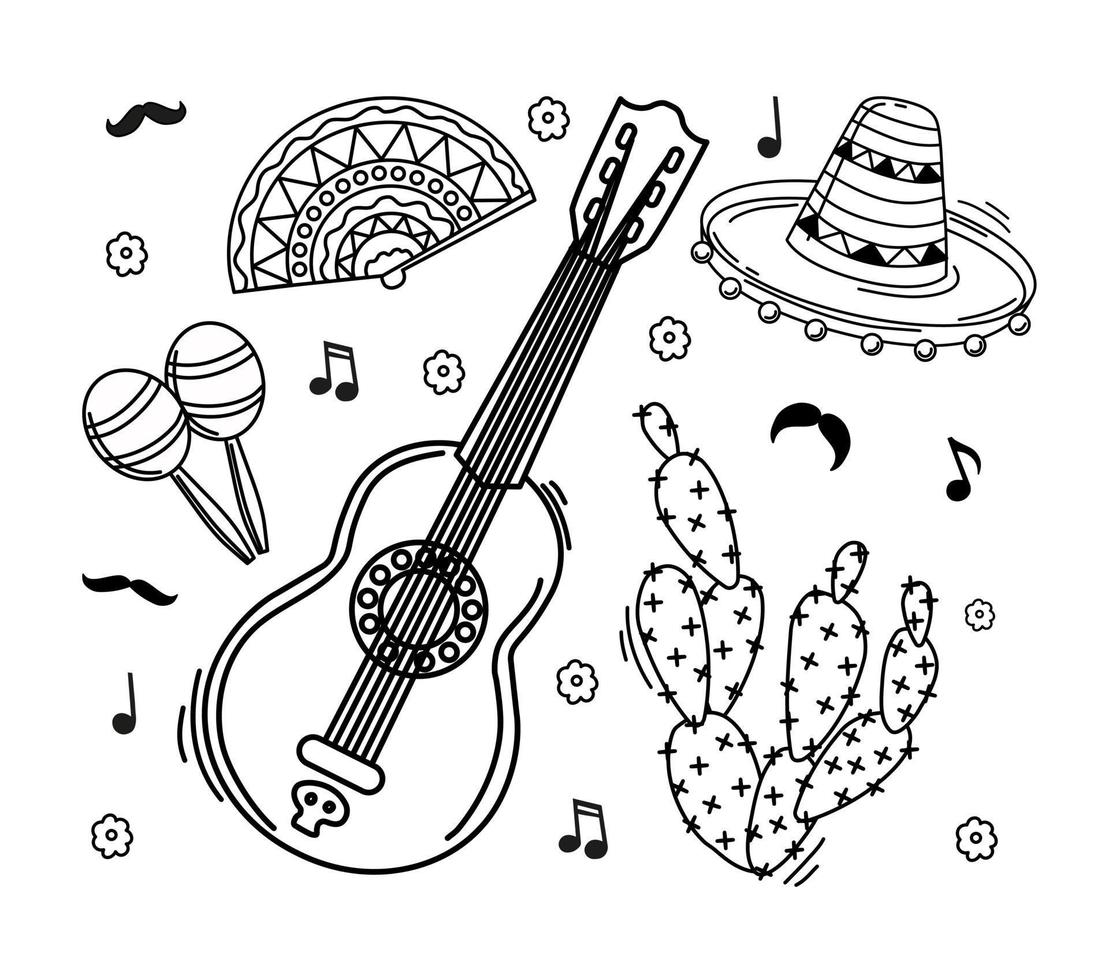 Elements of Mexican culture in the outline style. Sombrero, Mexican guitar and maracas on a white background. Vector. vector