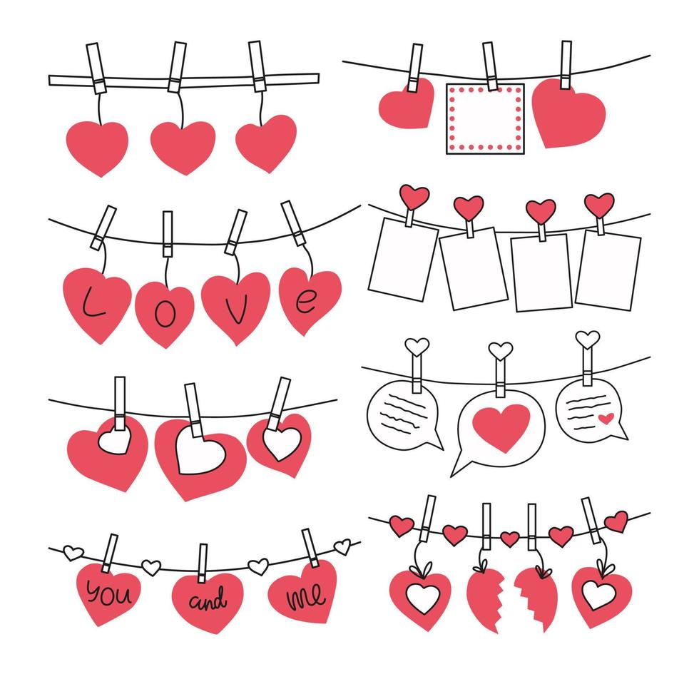 conjunto de San Valentín en pinzas para la ropa. ilustración vectorial vector