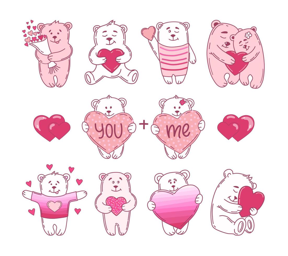 Cute bears with hearts Valentine's day set. Vector illustration.