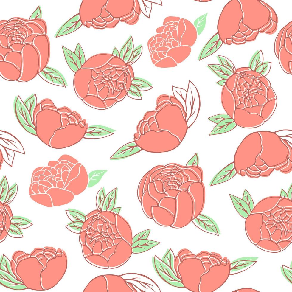 Peonies seamless pattern on white background. Vector illustration.