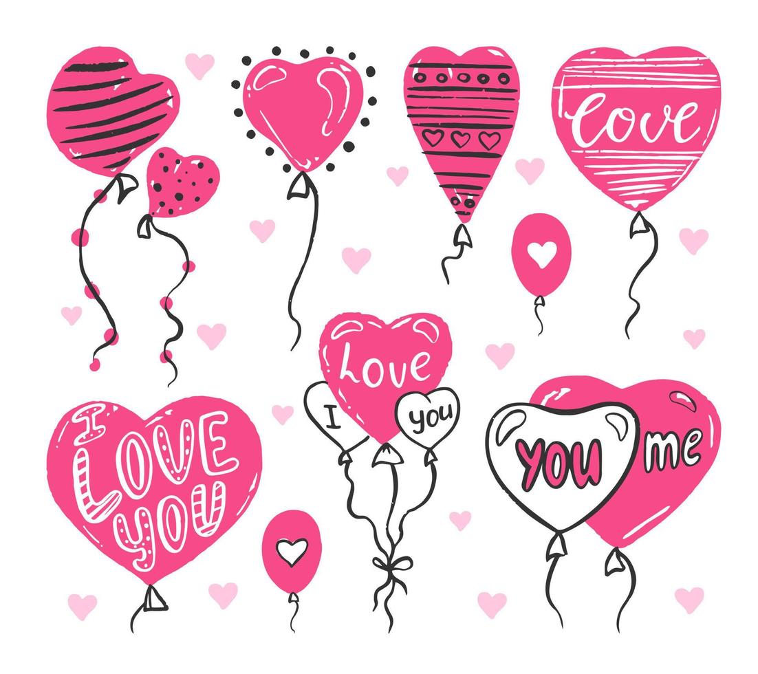 Set Of heart - shaped balloons and phrases on a white background. Valentine's day, wedding. Hand-drawn vector illustration.