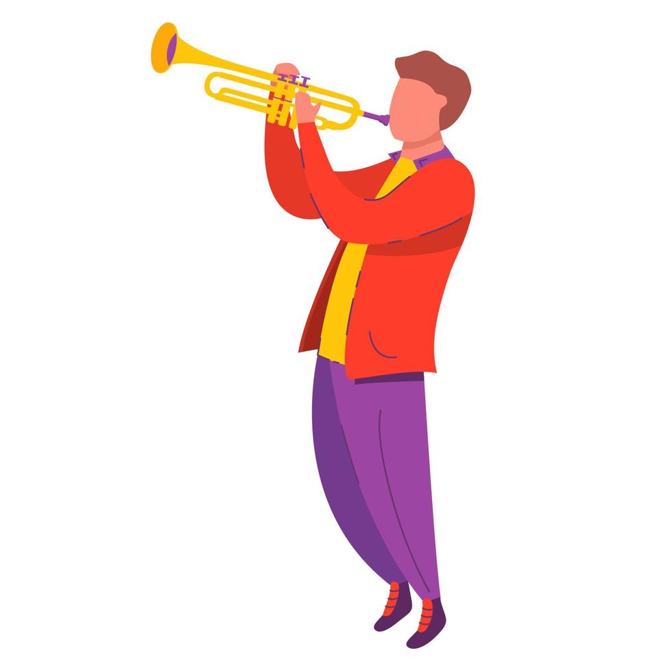 Man playing the trumpet.Musical jazz instrument.Cartoon character music.Modern flat vector illustration.Isolated on a white background.
