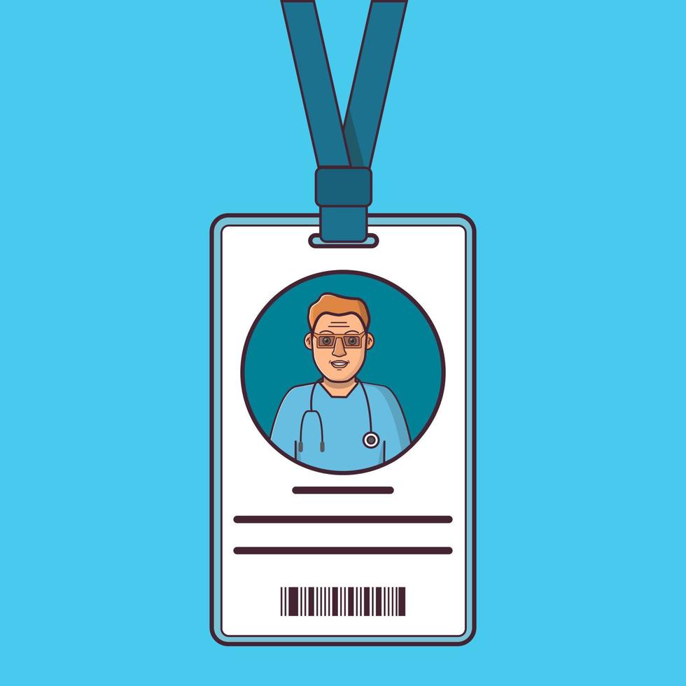 ID cards doctors. Young man plastic identification card.Medical identity badge cartoon template.Isolated on a blue background. vector