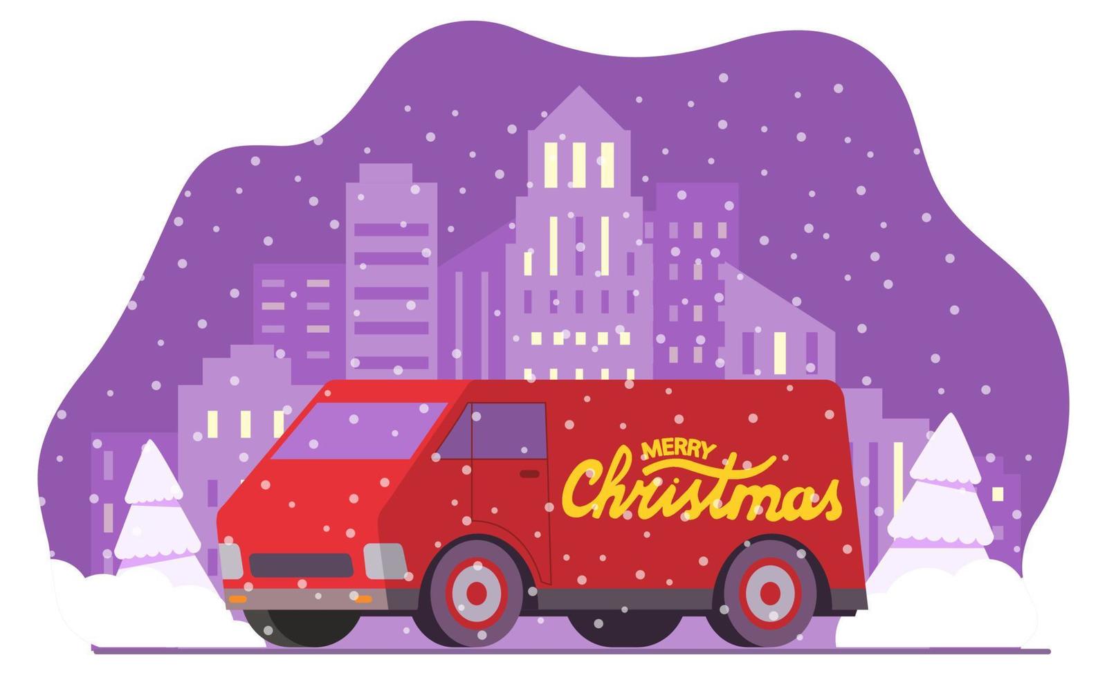 camioneta de reparto de navidad. coche de carga de año nuevo. invierno ciudad horizonte paisaje urbano caída de nieve. auto rojo con letras feliz navidad.vector ilustración realista.concepto de logística de transporte vector