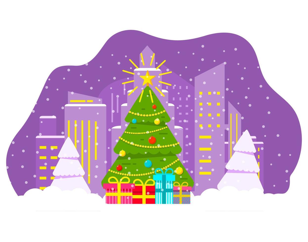 ciudad de noche de invierno con nieve que cae. árbol de navidad decorado. feliz navidad. cajas de regalo. estrella y bolas. banner festivo. ilustración plana vectorial. vector