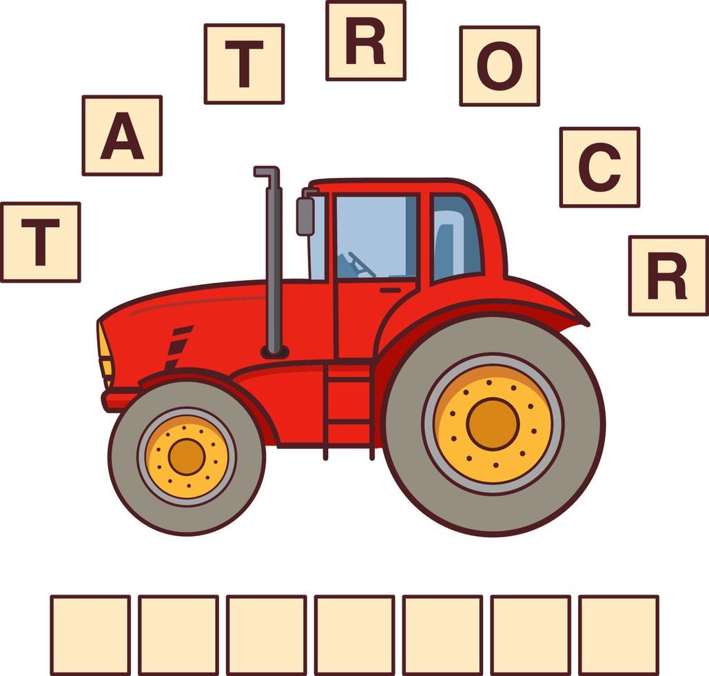 juego palabras rompecabezas tractor.educación en desarrollo niño.maquinaria agrícola cosechar.acertijo para preescolar.ilustración plana vector de personaje de dibujos animados.