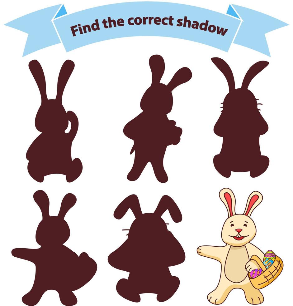 Find the correct shadow with a basket with Easter eggs..Educational game for children cute hare.Flat illustration vector. A game concept for kindergarten, elementary school. vector